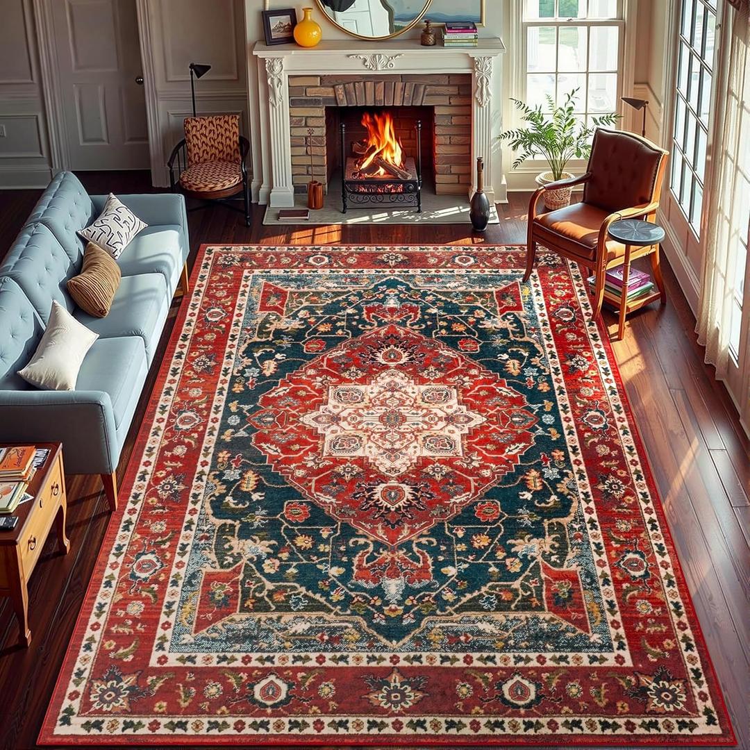 YJ.GWL Area Rugs for Living Room 6x9 Machine Washable Rugs, Non Slip Floral Vintage Rug Indoor Carpet, Stain Resistant Large Rug for Bedroom Dining Room, Orange-Red