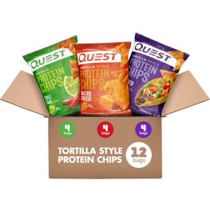 Quest Nutrition Tortilla Style Protein Chips Variety Pack, Chili Lime, Nacho Cheese, Loaded Taco, Low Carb, High Protein, Gluten Free, 1.1 oz (Pack of 12), BB Date: 09/03/2026