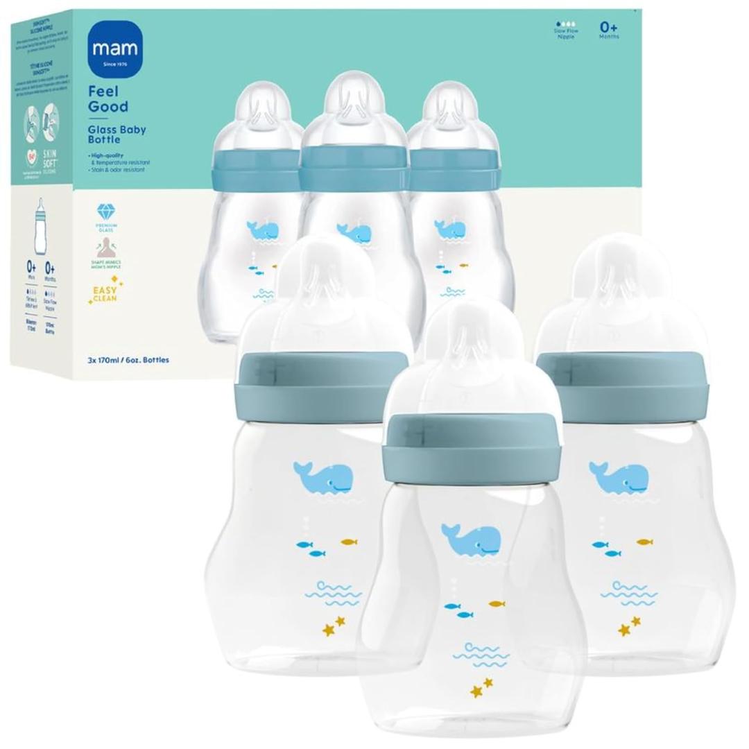 MAM Premium Glass Baby Bottles, Easy Switch Between Breast and Bottle, Feel Good Slow Flow, Newborn Essentials Must Have, 0+ Months, BPA Free, 6oz, Boy, 3 Pack (Denim)