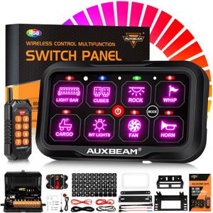 Auxbeam 8 Gang Switch Panel RC-800 RGB Wireless Remote Control Range Up to 165FT Multifunction Switch Pod 3 lighting modes with Backlit Off and Auto Dimmable for RV Offroad Waterproof 