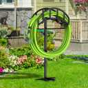 Garden Hose Holder - Upgraded Metal Reel With Tool Storage Basket, Heavy Duty Freestanding Water Hose Holder Holds 150ft, Detachable Storage Hanger for Outside