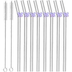 8 Pcs Reusable Glass Straws with Cleaning Brushes Pink Bow Glass Straws Shatter Resistant Straw Coquette Party Decor Bow Party Pretty Bachelorette Decor Bridal Engagement Drinkware (Purple)