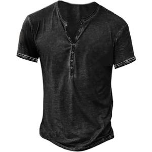 Men's Distressed Henley Shirts Retro Short Sleeve Tee Shirts Casual Button Down Washed T-Shirts for Men (XX-Large, 1-black)