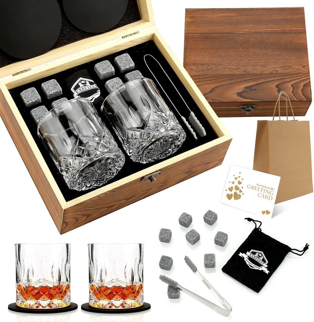 Whiskey Gifts for Men - Whiskey Stones and Glasses Gift Set - Granite Chilling Stones Whiskey Rocks - Scotch Bourbon Gift Box - Christmas Drinking Gifts for Men Him Dad Husband Thanksgiving Gift