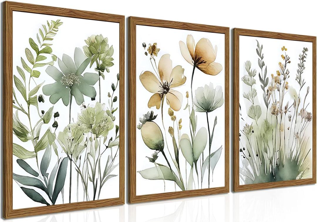 Wood Framed Sage Green Botanical Wall Art Set of 3, Boho Floral Canvas Wall Decor Paintings, Minimalist Flower Posters Prints Pictures for Bedroom Bathroom Living Room Home Decor 12x16 Inch