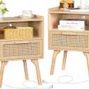 Lerliuo Rattan Nightstands Set of 2 with Charging Station, Boho Side Table with Drawer Open Shelf, Cane Accent Bedside End Table with Solid Wood Legs for Bedroom, Dorm and Small Spaces (Natural)