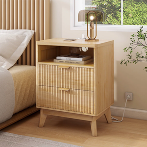 Wood Nightstand with Charging Station, Fluted Bedroom Nightstand, Bedside Table Chest, 25.4'' H X 19.7'' W X 15D''