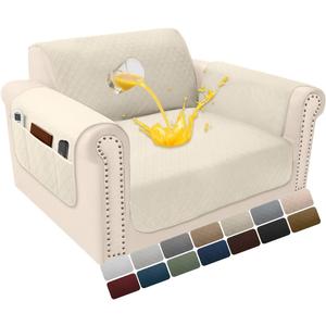 Velvet 100% Waterproof Chair Covers for Living Room Sofa Armchair Cover Washable Couch Arm Chair Slipcovers for Dogs Non Slip Quilted Furniture Protector with Pockets (Small, Beige)