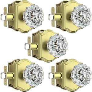 5 Pack Glass Crystal Door Knobs, Brushed Gold Crystal Passage Door Knobs Interior, Gorgeous Gold Crystal Glass Door Knob for Closet and Hall, Satin Brass