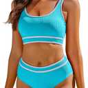 AI'MAGE Swimsuit Set for Women 2 Piece Ribbed High Waisted Bikini Set Sporty Color Block Bathing Suits XS-2XL (Light Blue)