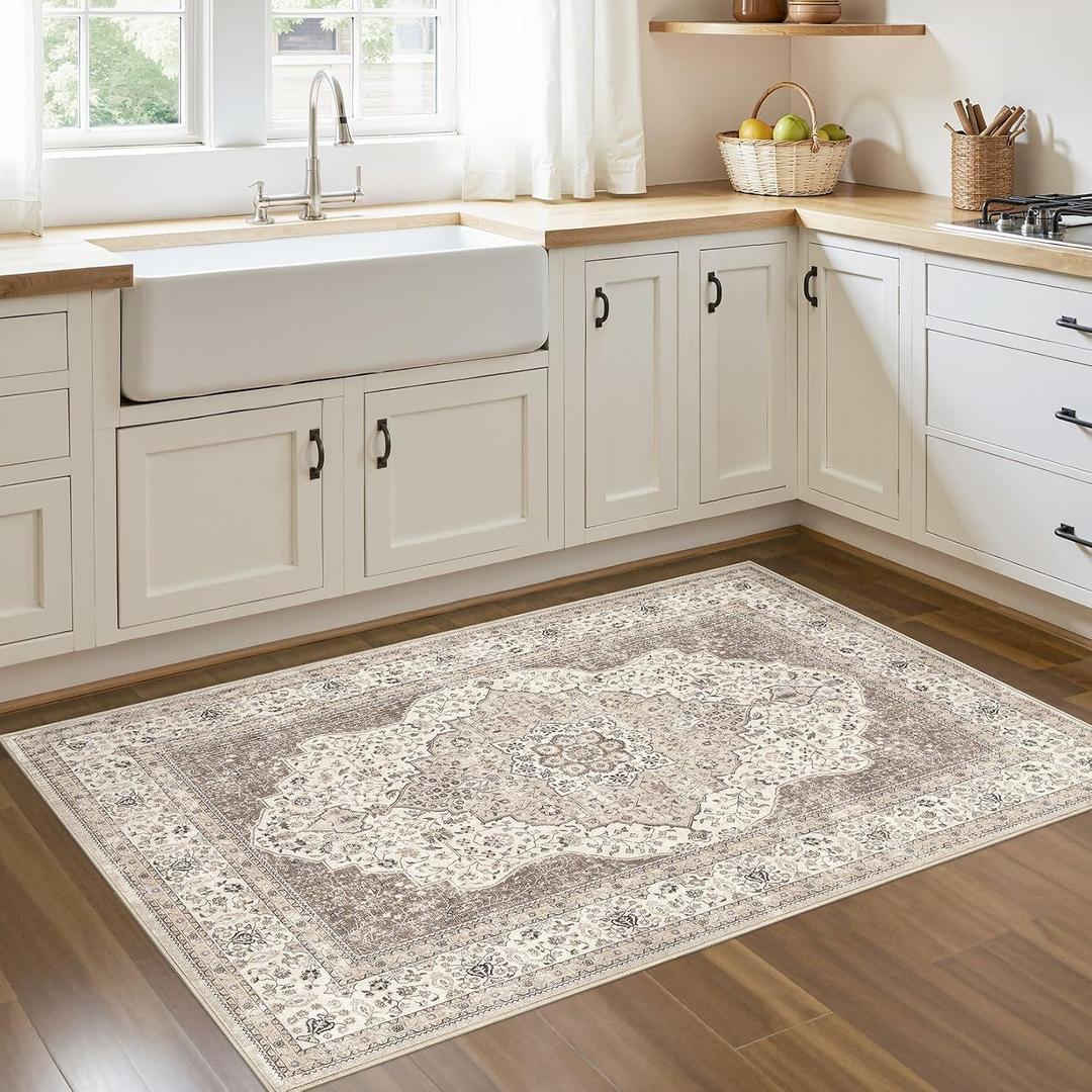 3x5 Washable Entryway Rug: Non-Slip Soft Indoor Throw Area Rug for Living Room Bedroom Kitchen, Boho Floral Distressed Durable Carpet for Hallway Bathroom Laundry Home Decor (Brown/Beige)