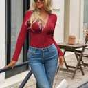 CiCiBird Womens Sexy Lace V Neck Long Sleeve Top Slim Fit Going Out Shirt 2025 Spring Fall Fashion Tee (Red, L)