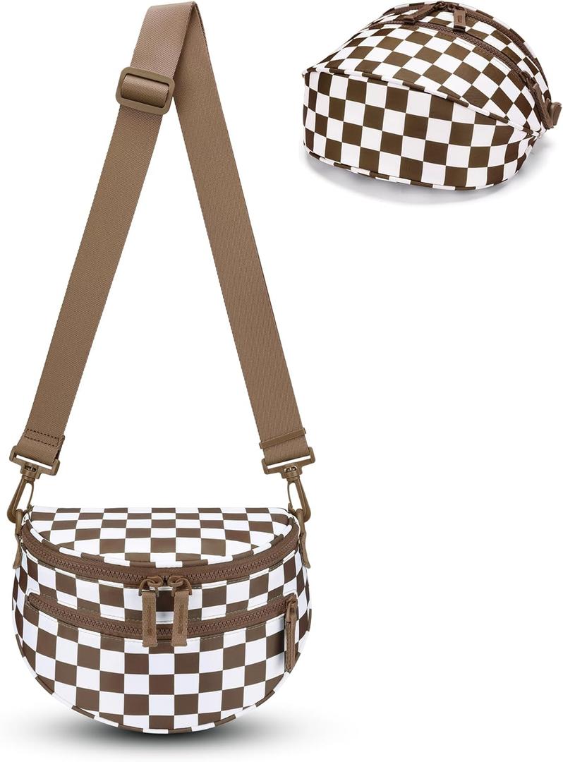 FODOKO Small Checkered Crossbody Bag Nylon Bum Bags shoulder Purses Handbags Wallets for Women (Caramel)