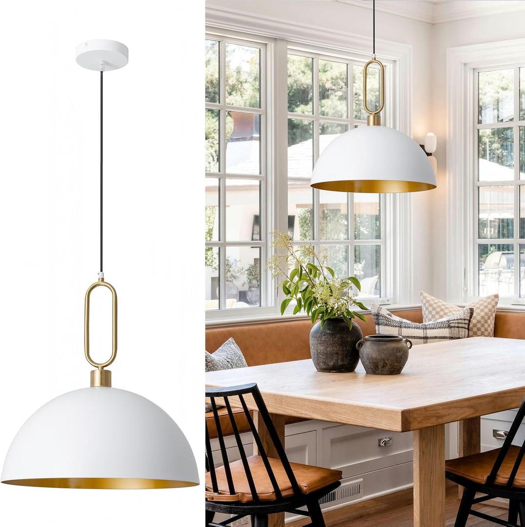 White Gold Pendant Light 15.7in Metal Dome Hanging Ceiling Lights Round Coastal Lighting Fixture for Kitchen Island Dining Room Foyer Restaurant Over Sink/Table Hallway Bedroom (D15.7in)
