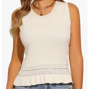 Allegra K Women's Tank Top Crew Neck Sleeveless Ribbed Spring Summer Ruffle Hem Basic Tanks, XL, Beige