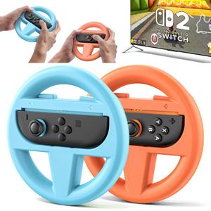 Steering Wheel for Nintendo Switch 2 Joy Con, Switch 2 Racing Wheel for Mario Kart World & 8 Deluxe, NS2 Racing Games Accessories with Ergonomic Design and Easy to Install - 2 Packs Orange & Blue