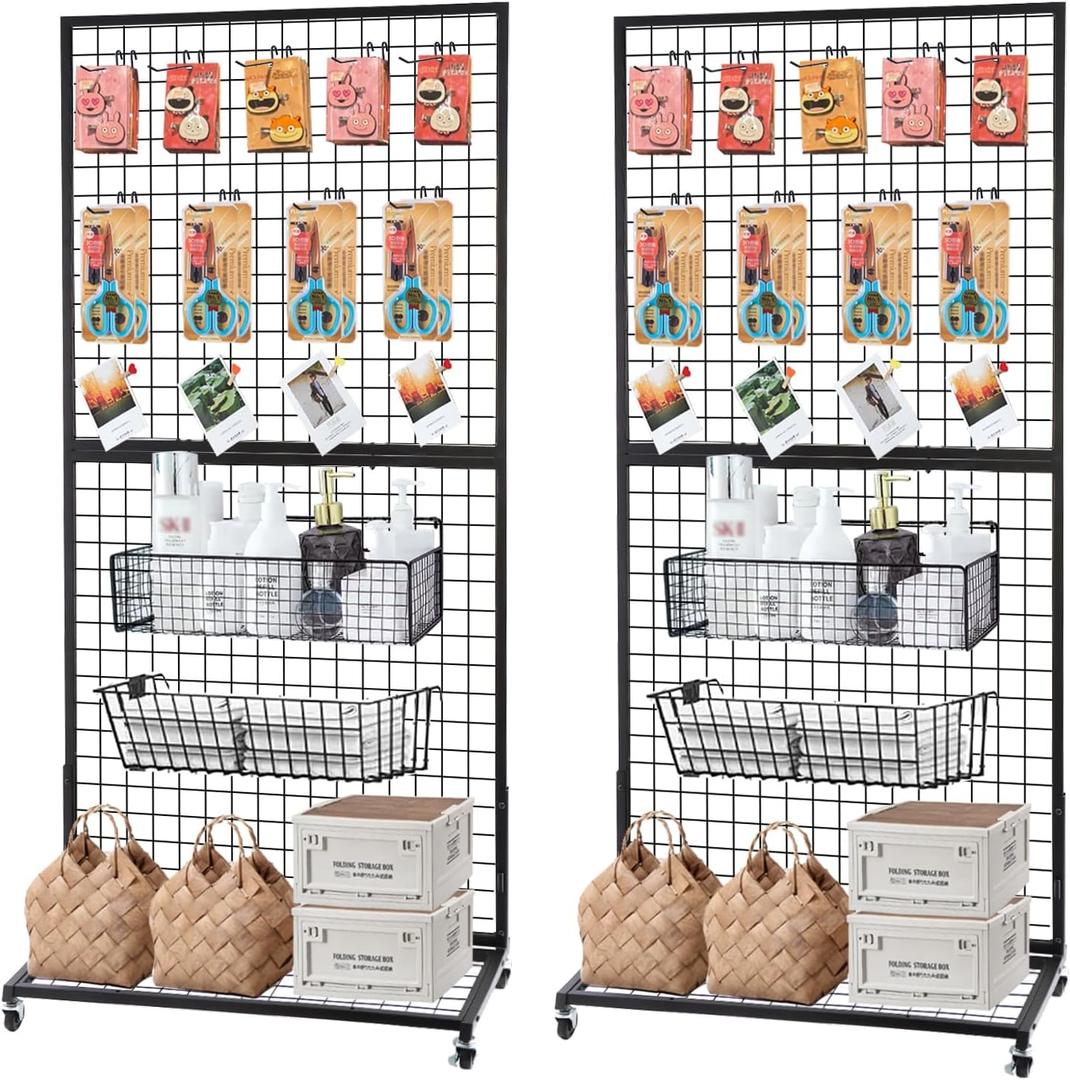 NectaCol Grid Wall Panels, 2 Packs 3'x 6' Gridwall Display Stand with a Base Plate, Black Wire Grid Wall Display Rack, Craft Show Display Grid,Retail Display Stand