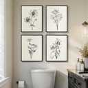 Framed Black and White Bathroom Wall Art, 4 Piece Vintage Floral Canvas Prints Artwork for Farmhouse, Rustic Minimalist Flower Botanical Pictures for Bedroom Living Room Wall Decor, 8x10x4 (Pack)