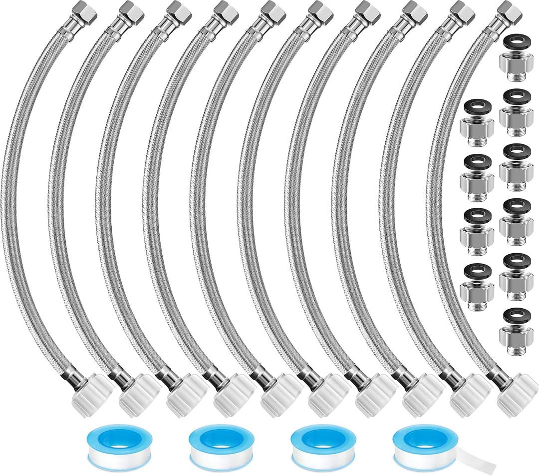 10 Pack 16 Inch Toilet Water Supply Connector Line Braided Stainless Steel, 3/8 Female Compression x 7/8 Female Ballcock Thread Includes 10 Pcs 3/8 to 1/2 Water Line Adapter and 4 Pcs Plumber's Tape