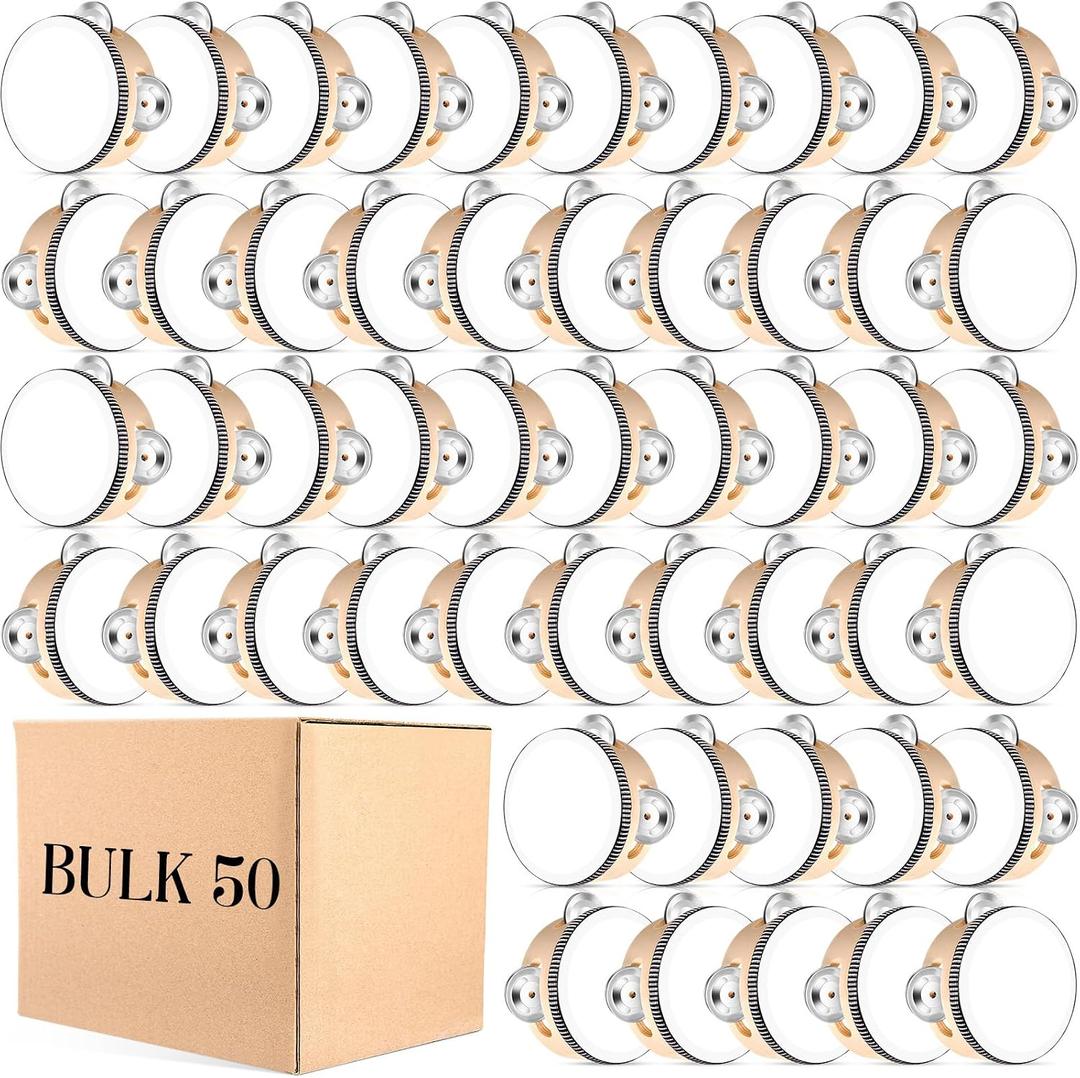 50 Pcs 4 Inch Wedding Tambourine Bulk Drum for Adults Hand Held Percussion Gift Wood Metal Jingles Musical Educational Drum Instrument for Church Wedding Party Favor