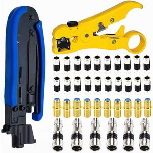 Coax Cable Crimper Kit, Coaxial Compression Tool Adjustable RG6 RG59 RG11 75-5 75-7 Coaxial Cable Stripper with 20PCS RG6 Connectors, 10PCS Female to Female Connectors, 6PCS RG11 Connector