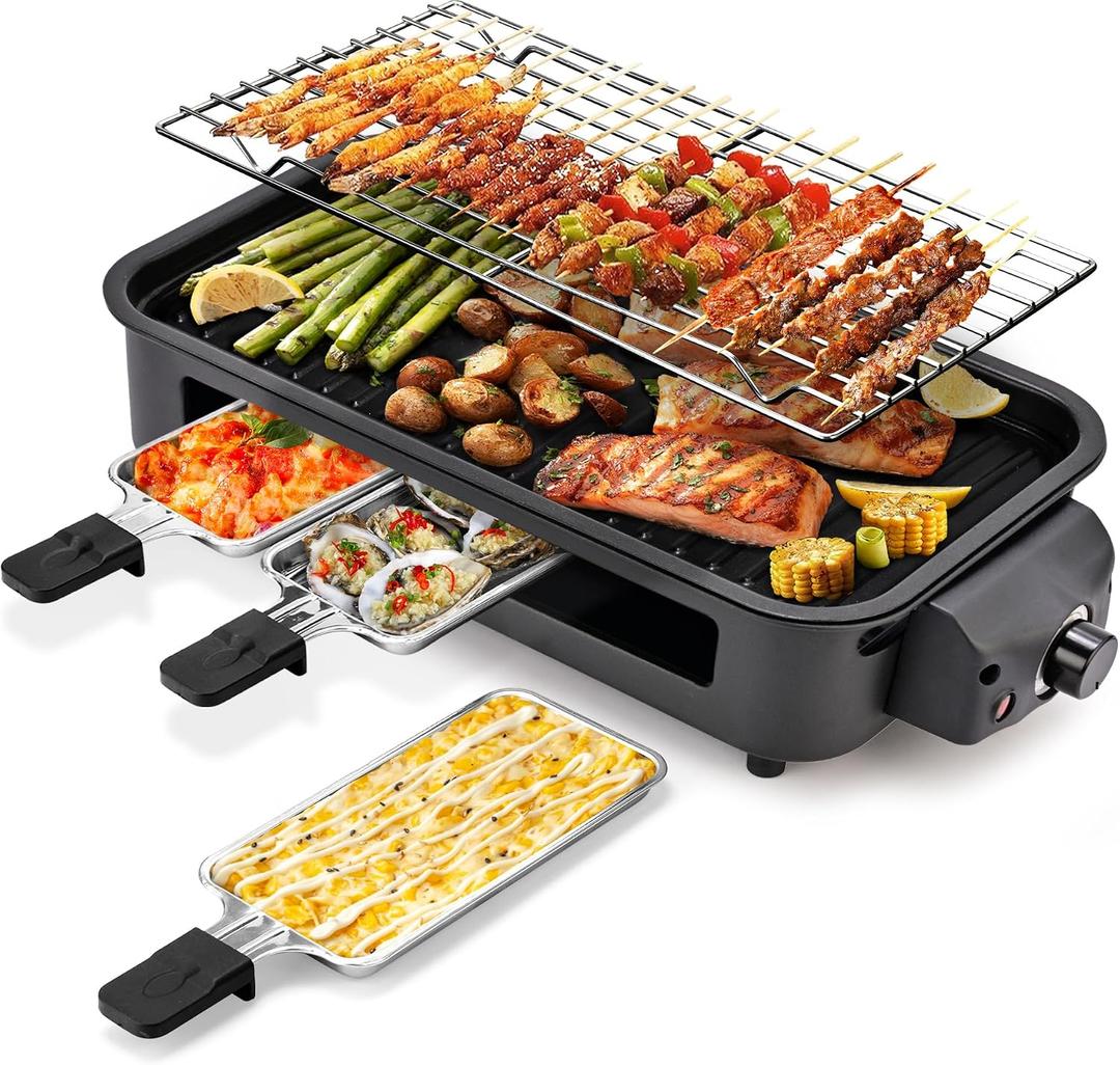 Pukomc Electric Indoor Grill,2 in 1 Indoor Grills for Kitchen with Grill Net & Non-Stick Cooking Removable Plate, Temperature Control, Dishwasher Safe, 1700W Black