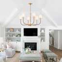 34" Boho Chandelier, with Creamy-White Fabric and Natural Rattan Arched Arms Shade Antique Brass Brush Paint Finish Pendant Lighting Fixture for Dining Room Living Room 6-Light