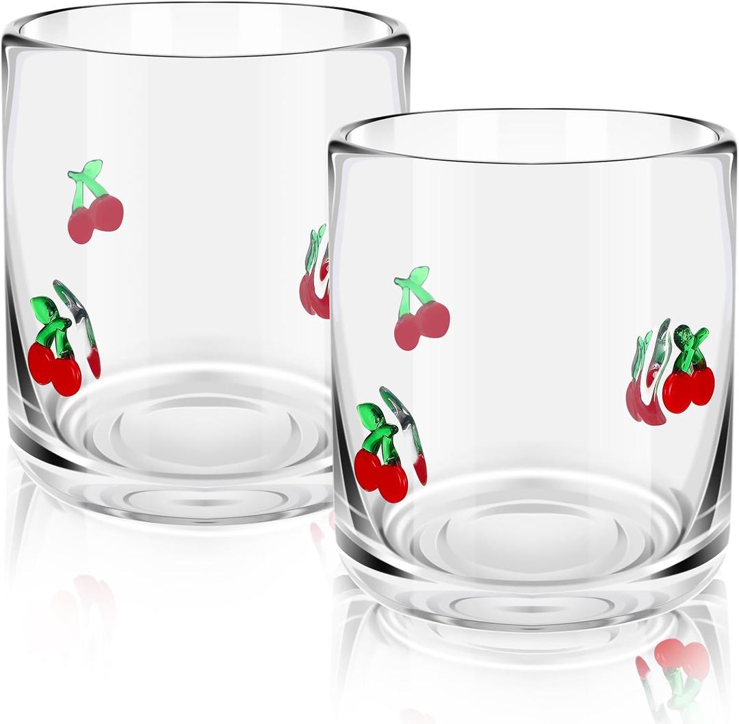 2 Pcs Cherry Icon Juice Glasses, 14oz Red Cherry Stemless Wine Drinking Juice Glass Cup for Birthday Wedding Party Supplies Gift
