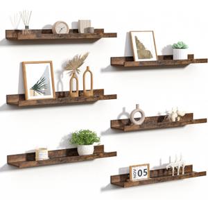 upsimples Floating Shelves for Wall, Wall Shelves for Decor Storage Set of 6, Wall Mounted Wood Shelves for Bedroom, Living Room, Bathroom, Kitchen, 23.6 inch Long Picture Ledge Shelves, Brown (23.6in, Brown)