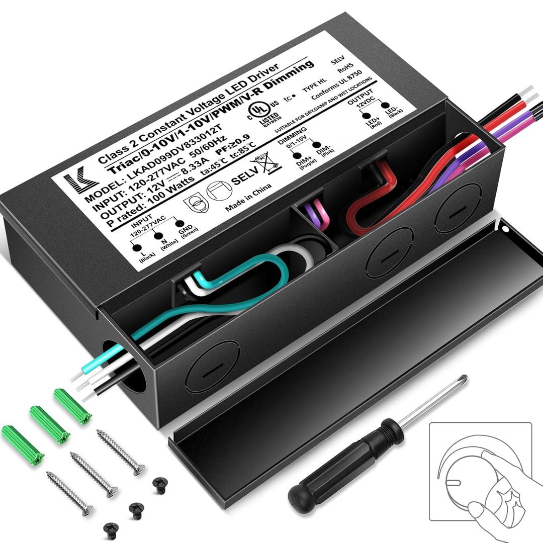 12V 100W Dimmable LED Driver, 5-in-1 Triac/ELV/MLV/0-10V/1-10V/PWM/V-R Dimming AC to DC Power Supply, IP67 Waterproof LED Transformer, UL Listed, Compatible with Lutron & Leviton Dimmer