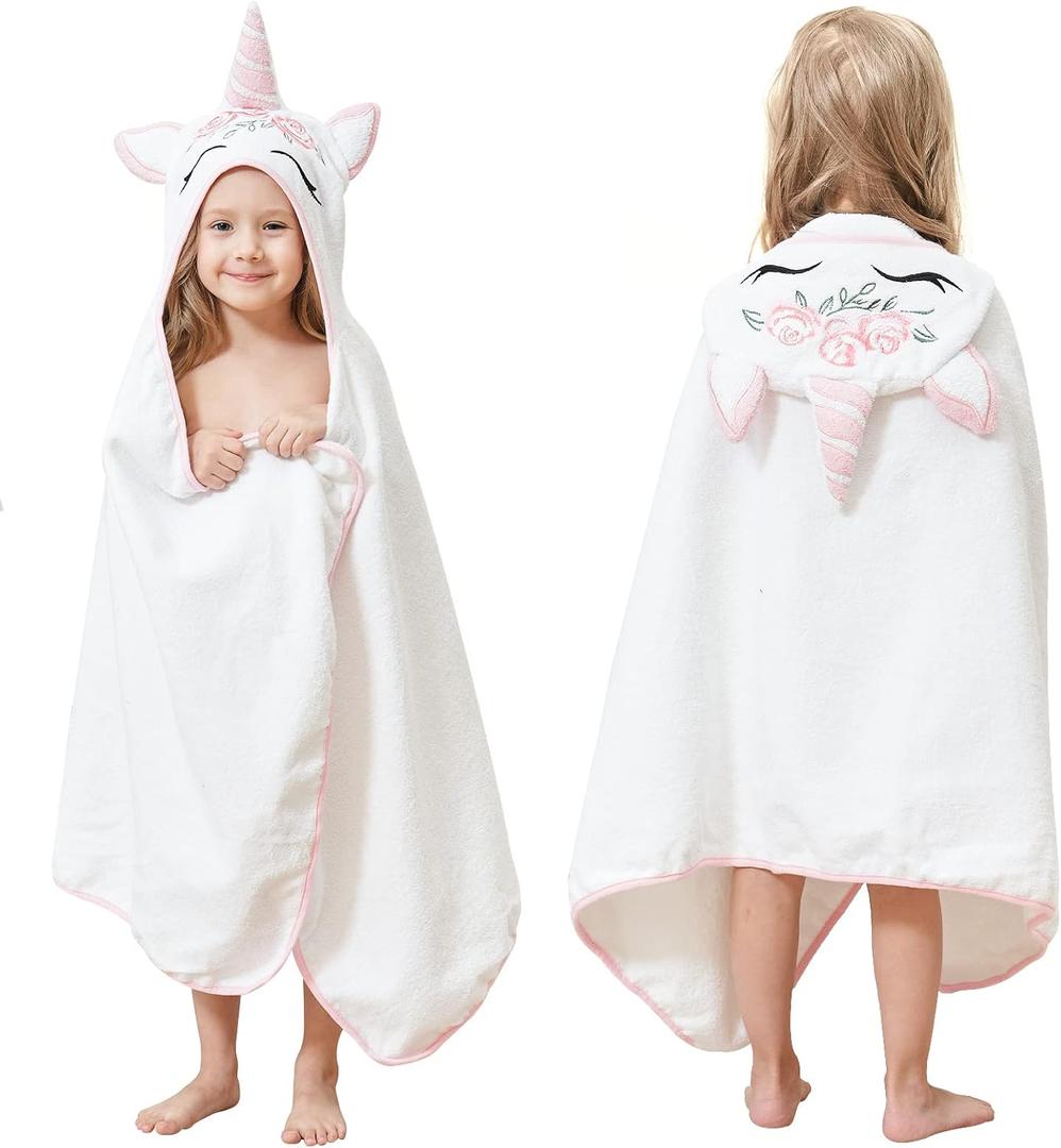 Style Quarters Kids Hooded Bath Towel, Large Kids Bath Towels, Unicorn Kid Beach Towels, 100% Cotton Terry Toddler Hooded Bath Towel, Embroidery Hooded 50"x24"(White)