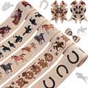 5Rolls Wild Horse Wired Ribbon Cowboy Theme Diaper Cake Decorations Horse Head Equid Horseshoe Print Burlap Ribbon for Baby Shower Farmhouse Birthday Horse Racing Party Craft Supplies (Brown)