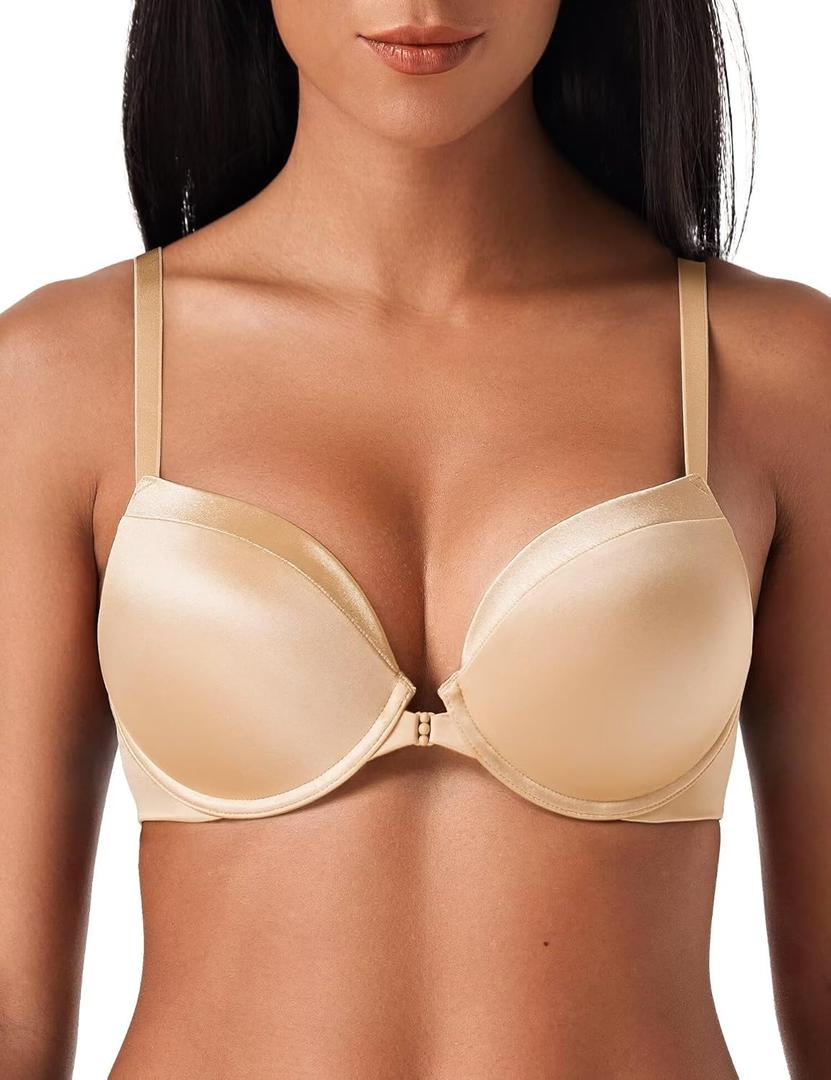 Deyllo Women's Push Up Bra Deep V Underwire Bra Full Coverage Lightly Padded Bras (32C, Nude)