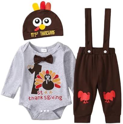 Tinypainter Baby Boy Thanksgiving Outfit Turkey Romper+Suspender Pants My 1st Thanksgiving Clothes 6-12 Months