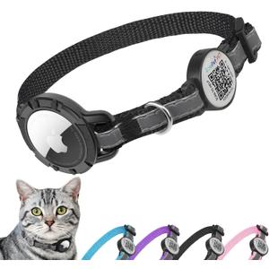 Airtag Cat Collar Breakaway with QR Code Name Tag, Reflective cat Collar airtag Holder with Bell, Cat ID Tag Personalized, Ultra-Durable, Adjustable, Quick Release, Fits Small Large Cats, Black