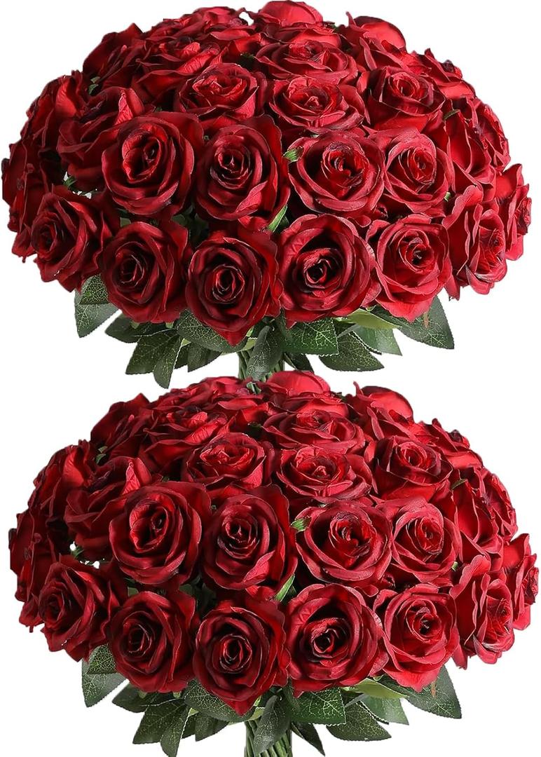 Veryhome 36Pcs Artificial Roses Realistic Fake Flowers Bulk Long Stem Silk Faux Roses Bouquet for Wedding DIY Home Decor Bridal Table Centerpieces Party Arrangements Gifts(Gradient Burgundy)