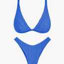 ZAFUL Women's Sexy Two Piece Swimwear Textured Triangle Plunging Neck High Cut Cheeky Bikini Set Solid Color Swimsuit, S
