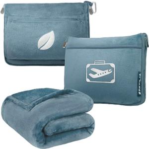 PAVILIA Travel Blanket Pillow in Soft Bag with Pockets, Airplane Blanket Set, Plane Blanket Compact Packable, Flight Essentials Car Pillow, Travelers Accessories Gifts, Luggage Strap, Dusty Light Blue (65 x 40 inches)