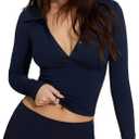Women's Basic Long Sleeve Polo Shirts Collared Button Up V Neck Tight Tees Sexy Crop Top Workout Tops, Small