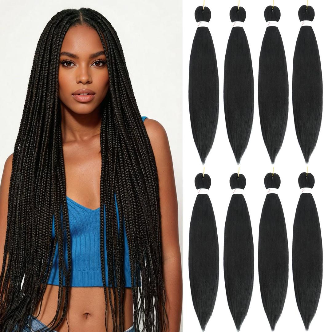 Braiding Hair Pre Stretched 24 Inch 8 Packs Black Braiding Hair for Twist or Box Braids Professional Synthetic Braid Hair Extensions for Crochet Braids Hot Water Setting Soft Yaki Texture (24Inch, 1B)