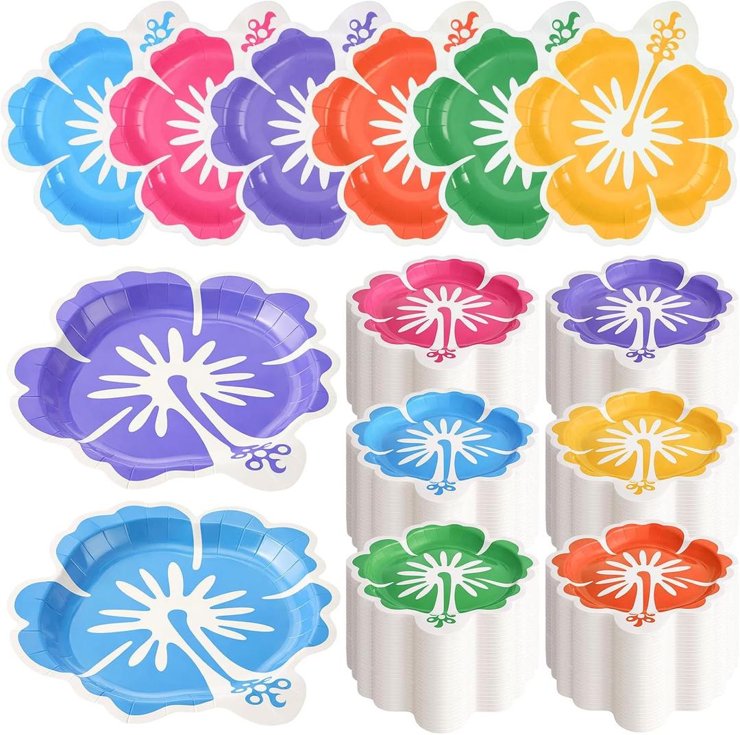 Domensi 100 Pcs Hawaiian Hibiscus Paper Plates Tropical Party Decorations Luau Dessert Plates Disposable Aloha Platters Party Supplies Dinnerware Tableware for Summer Beach Pool Table Decor