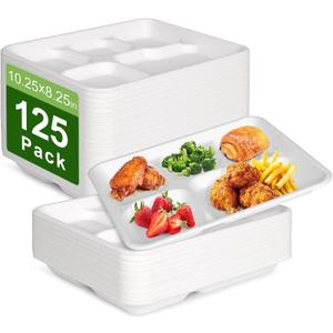 Qi Boo Compostable 5 Compartment Plates Disposable, 10.25 x 8.25 inch, 125 Pack Divided Paper Plates Heavy Duty, Biodegradable Eco-Friendly Bagasse Sectional School Lunch Trays, White 10 inch