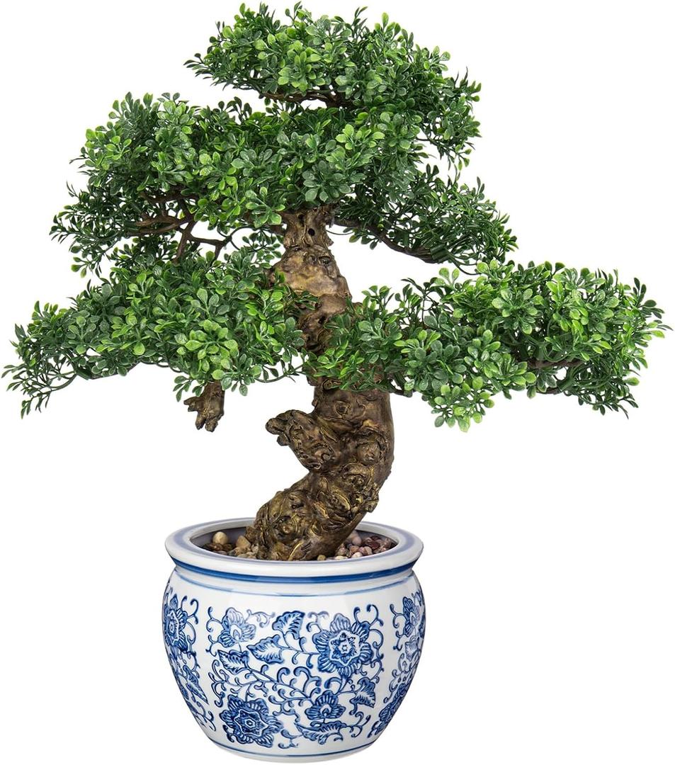 Fake Bonsai Tree Bonsai Plant 17 Tall Artificial Bonsai Trees with Blue and White Porcelain Decorated with Pebbles Desk Plant Indoor Bonsai for Home Office Decor