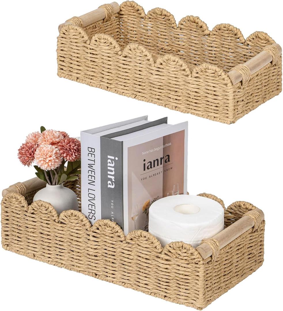 CubesLand Decorative Toilet Paper Storage Basket, Modern Farmhouse Home Decor Basket for Organizing, Scalloped Pantry Baskets for Shelves, Countertop, Living Room, w/Wood Handles, Beige 2 Sizes
