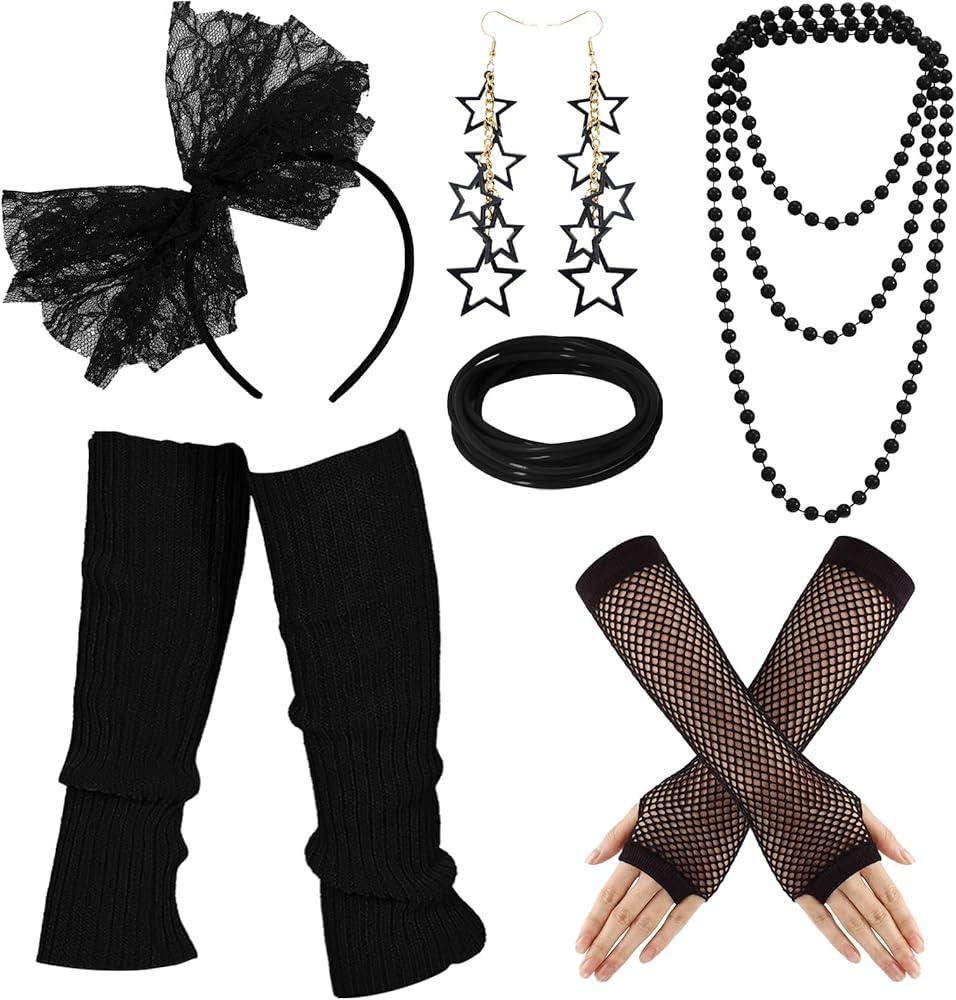 Blulu 80s Dress Costume Accessories for Women Lace Headband Earring Fishnet Glove Leg Warmers Necklace Bracelet for 80s Party