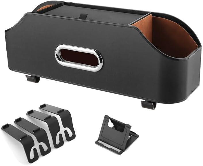 Car Headrest Back Seat Organizer with 2 Cup Holder & Tissue Box and Storage Box Hook kids Car Food Sauce Storage Holder Car Interior Accessories for Driving, Travel, Road (Black)