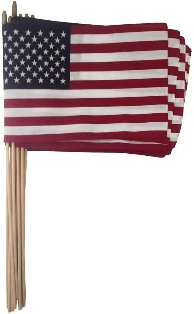 One Dozen (12 Qty) 12x18" US Cotton Stick Flag American Flag on 30" dowel with gold tip MADE IN USA, Hemmed Edges - Made in the USA