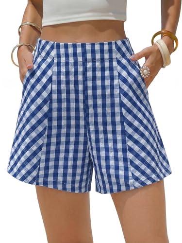 EXLURA Womens Cotton Boxer Shorts Faux Linen Gingham Shorts Summer High Waist Plaid Y2K Beach Bottoms Vacation Outfits 2026 M