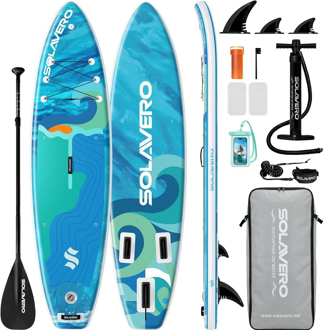 SOLAVERO Stand Up Paddle Board, 11‘ Inflatable SUP Supports 500LB - Wide Stable Board with Non-Slip EVA Deck for Adults & Youth of All Skill Levels