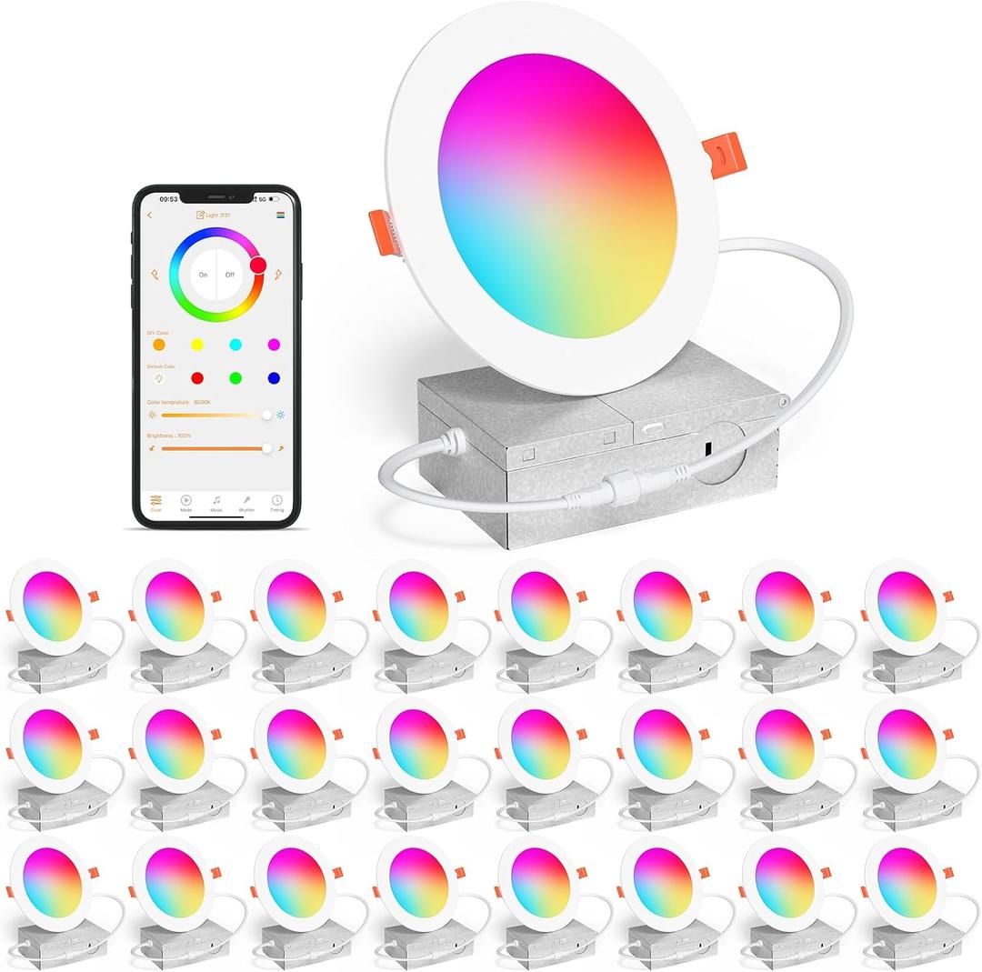 SikSog 24Pack Smart Recessed Lighting 4 Inch RGBCW Color Changing 12W LED Downlight with Junction Box,1080 Lumen Recessed Ceiling Light Compatible with Alexa,Dimmable by Bluetooth Control